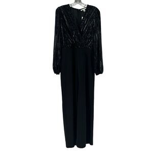 Cato Jumpsuit Black Wide Leg Long Sleeve Surplice V Neck Shimmer Stripe Size M